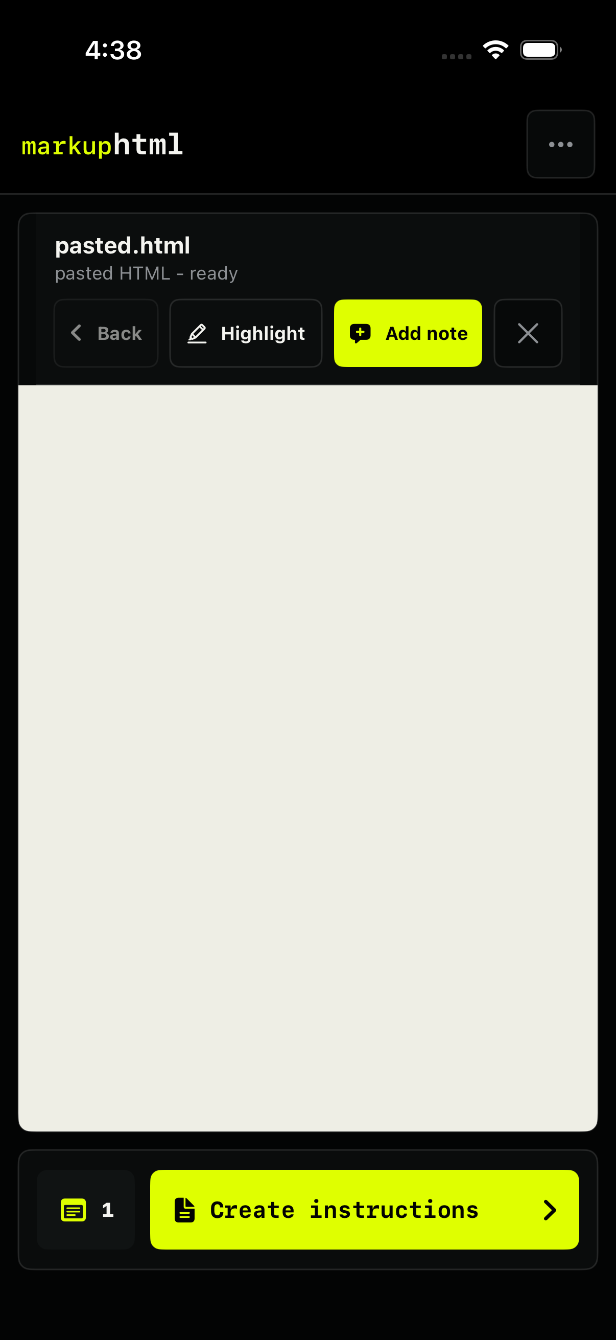 MarkupHTML for iOS showing a local website file ready for visual markup