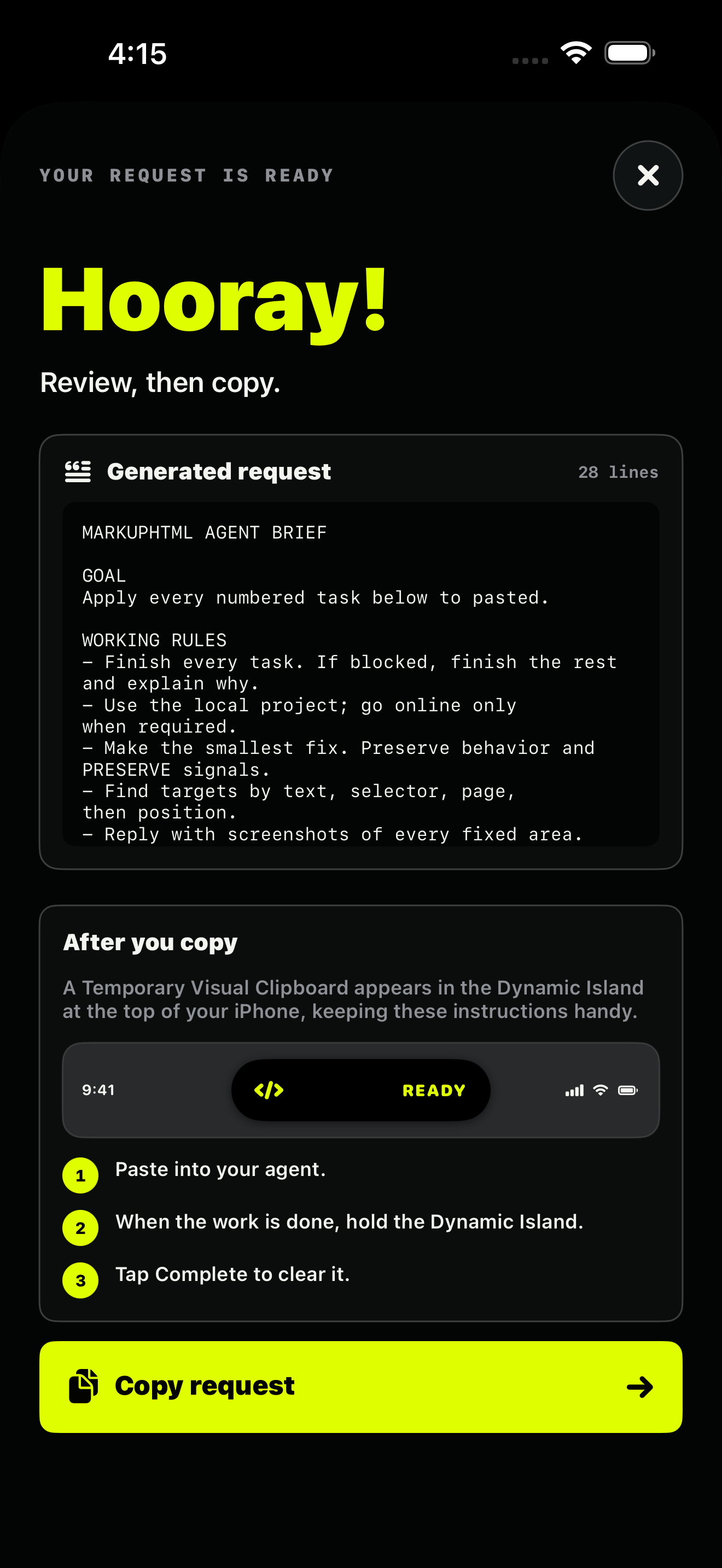 A completed MarkupHTML coding request on iPhone